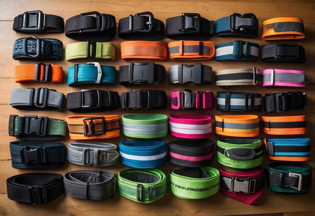 A variety of trail running belts lay on a wooden surface, showcasing different sizes, colors, and storage options. The belts are neatly arranged, with pockets and compartments visible, ready for use