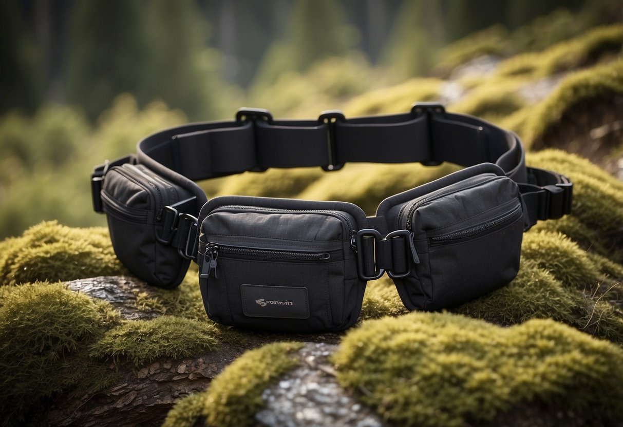 A trail running belt with multiple pockets and adjustable straps, surrounded by nature and rugged terrain, showcasing the versatility and functionality of the product