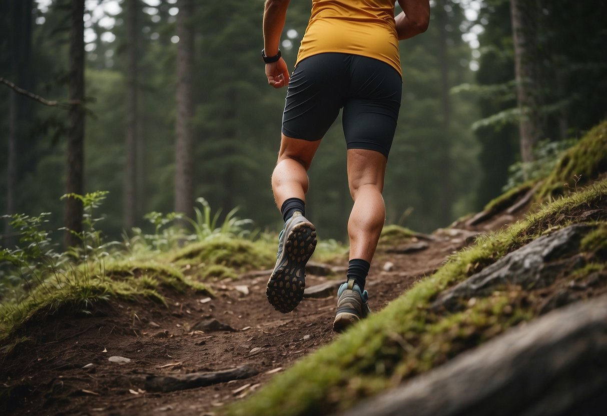 Trail winding through forest, with steep incline and rocky terrain. Runner navigating obstacles, using proper form and balance. Safety gear visible