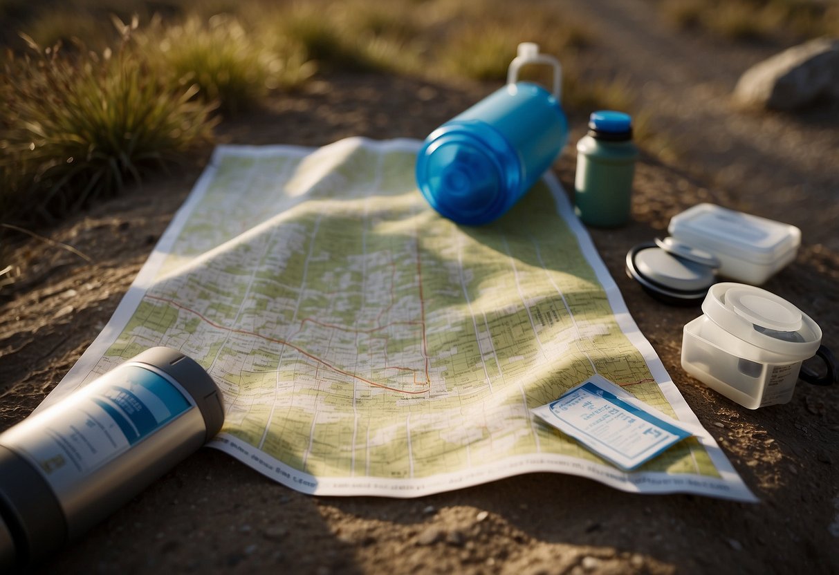 A runner laying out a map, water bottle, first aid kit, and emergency contact information before heading out on a trail