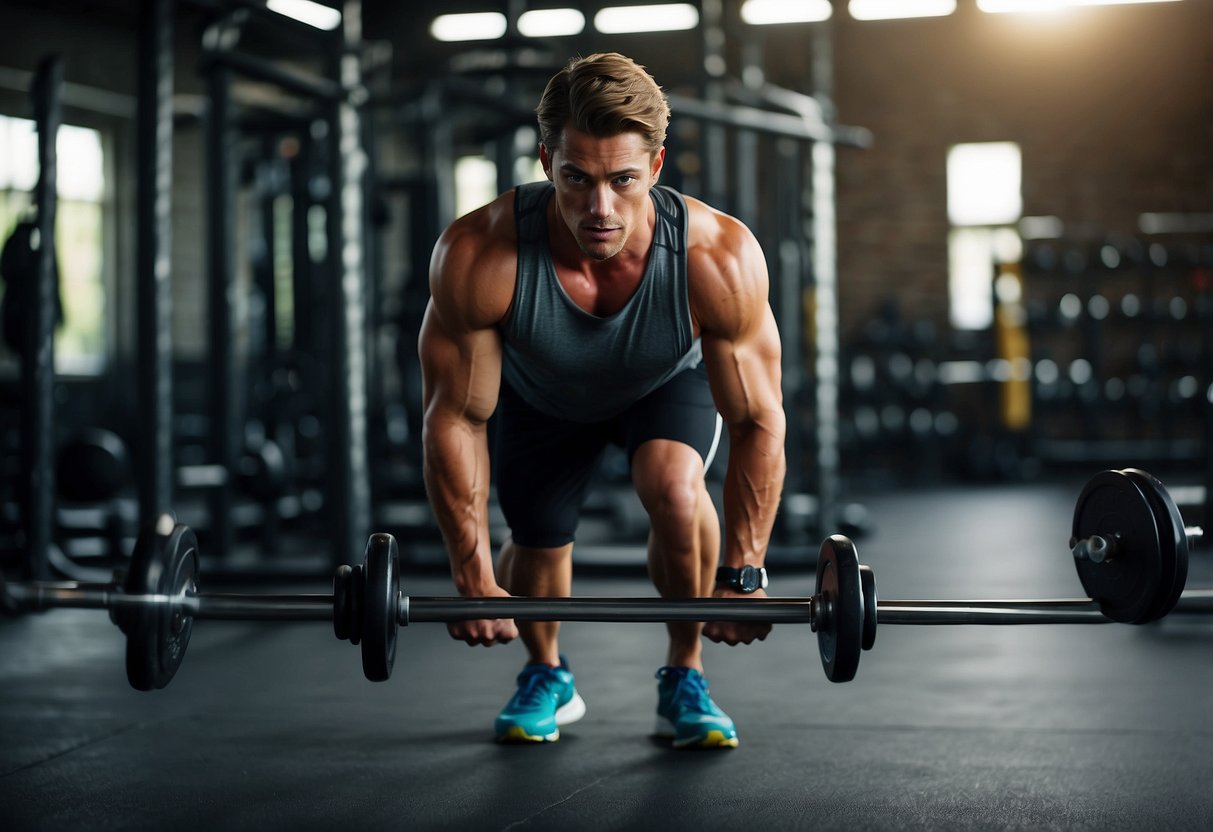 A trail runner performs strength training exercises in a gym, using weights and resistance bands