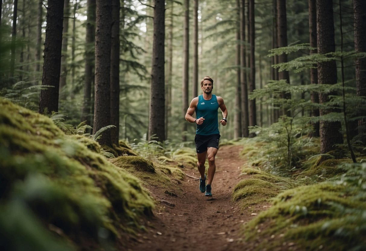 A trail winds through a forest, with varying terrain and elevation. A runner navigates carefully, using proper pacing and foot placement