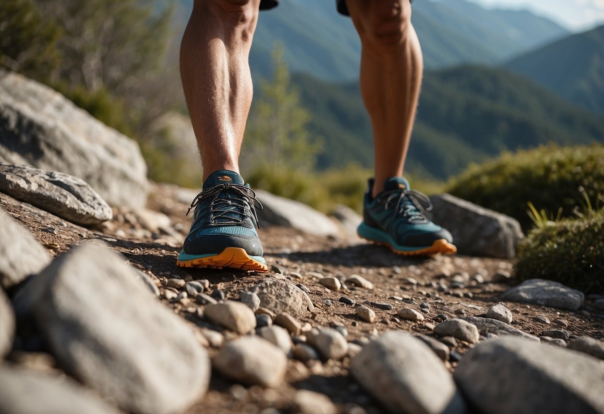 A runner in quick-drying apparel navigates a rocky trail, demonstrating essential skills for safe trail running