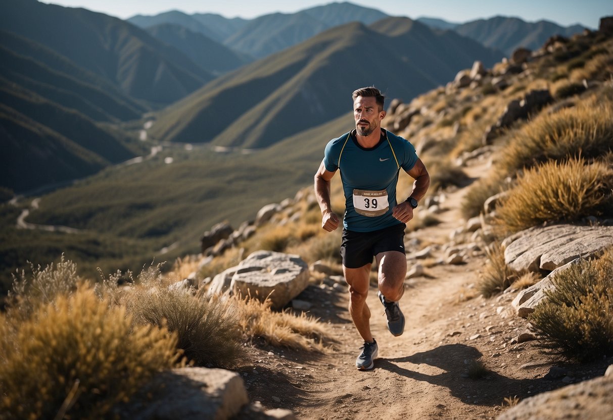 A runner navigates a rugged trail, facing steep inclines and rocky terrain. They demonstrate focus, adaptability, and determination, embodying mental resilience