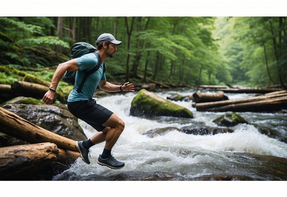 A runner navigating rocky terrain, leaping over fallen logs, and crossing a rushing stream in a lush forest setting