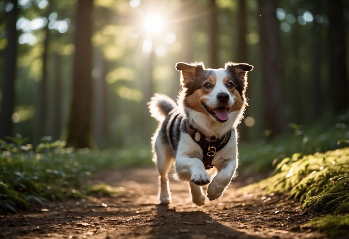 A dog with a leash attached to a waist belt, running on a forest trail. The sun is shining through the trees, and the dog's tongue is out, showing a happy expression