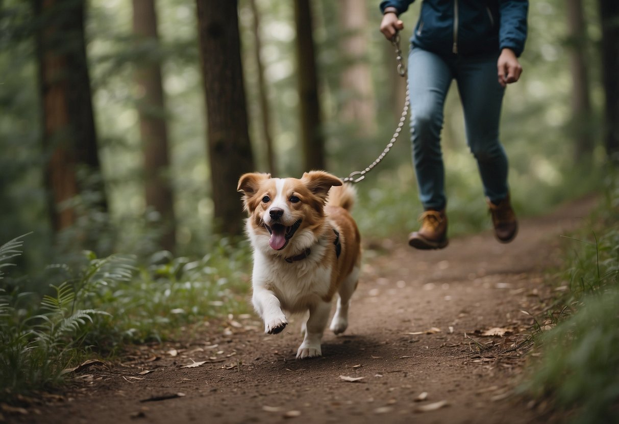 A dog wearing a sturdy leash runs alongside its owner on a forest trail. The dog's tail is wagging and its tongue is lolling out as it enjoys the run