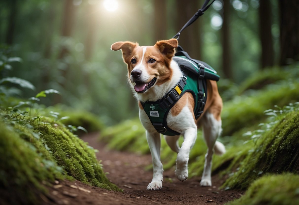 A dog with a trail running harness carries a compact first aid kit in its pack, surrounded by lush green trees and a winding trail