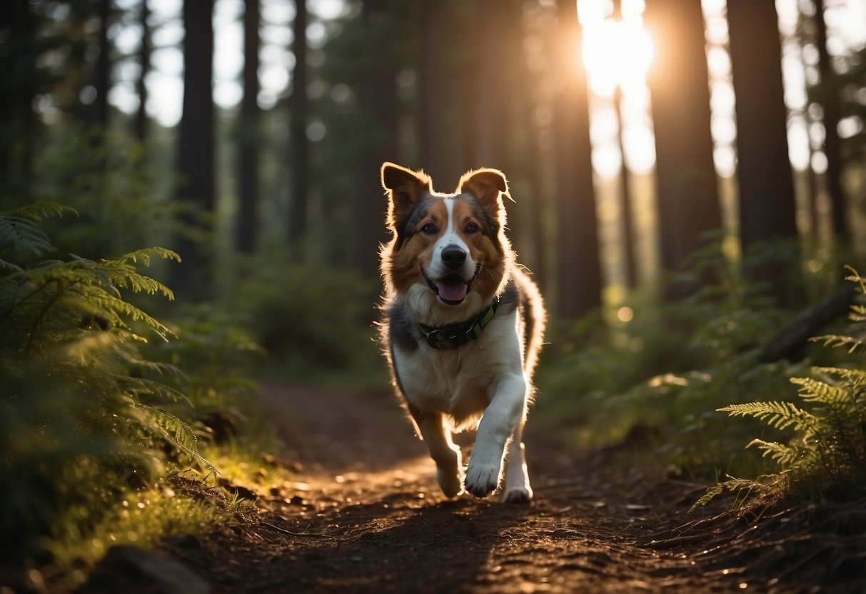 A dog with a reflective collar runs alongside its owner on a forest trail at dusk. The setting sun casts a warm glow on the trees, while the reflective gear ensures visibility for both the pet and its owner