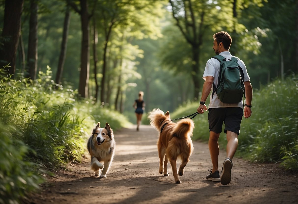 A dog and its owner run along a winding trail, surrounded by lush green trees and the sound of chirping birds. The dog's tail wags happily as they navigate the path together