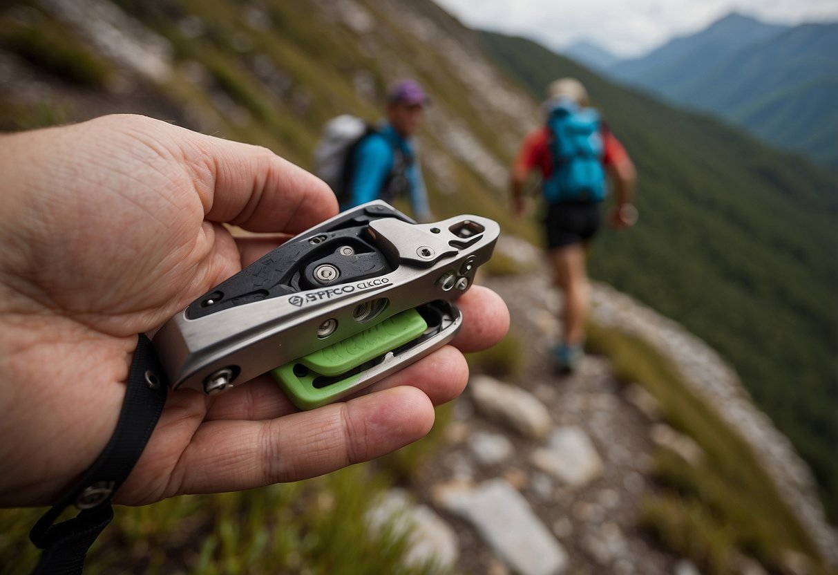 A trail runner's hand reaches for a Spyderco ClipiTool 5 multi-tool attached to a running pack, with a scenic trail in the background