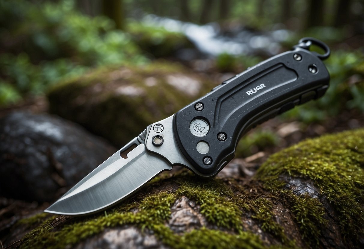 A rugged trail with rocky terrain, surrounded by lush greenery and a flowing stream. A CRKT Ruger KeyTon multi-tool is shown in use, with its various features being utilized for trail running