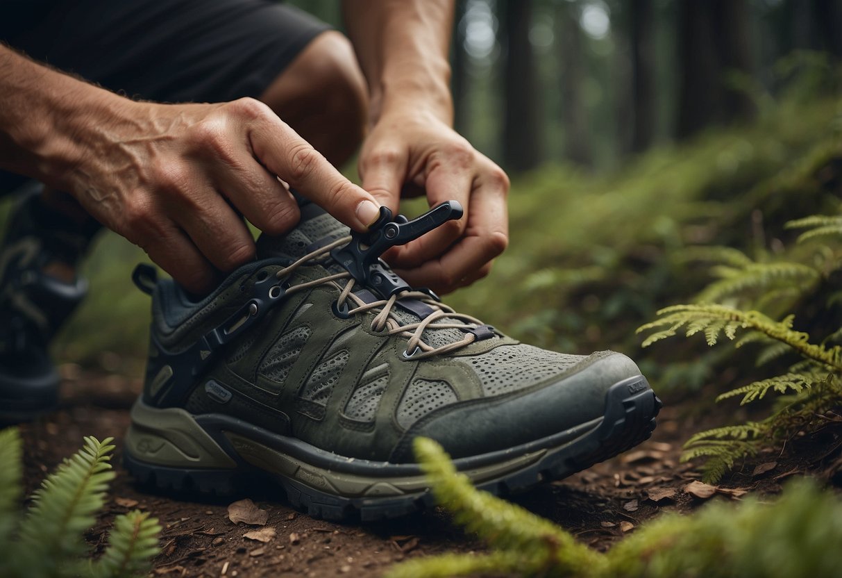 A trail runner uses a multi-tool to fix a broken shoe sole while surrounded by rugged terrain and dense foliage