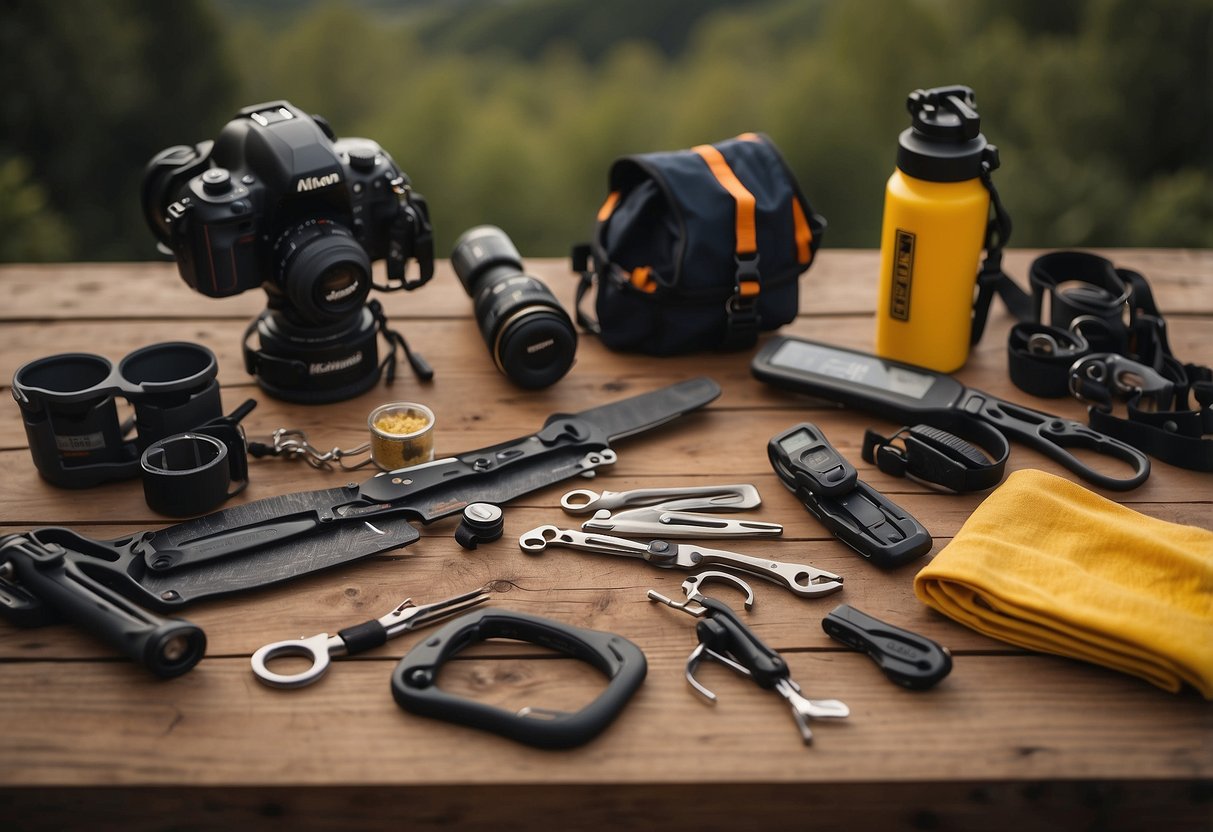 A trail runner's gear spread out on a wooden table, with various multi-tools laid out for comparison. Outdoor scenery visible in the background