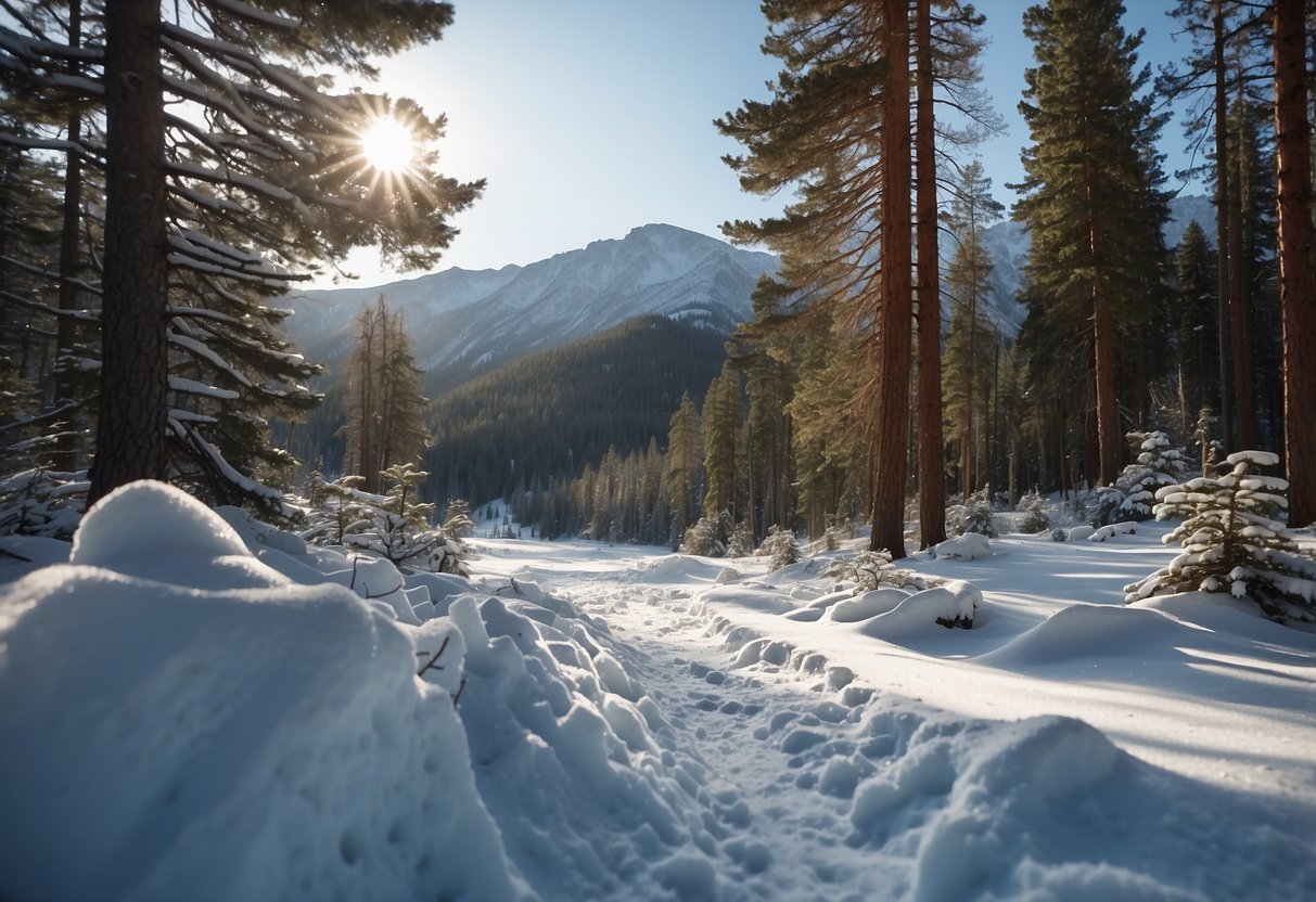 Snow-covered mountains with winding trails, pine trees, and a clear blue sky. A frozen lake glistens in the distance as runners navigate the scenic winter landscape