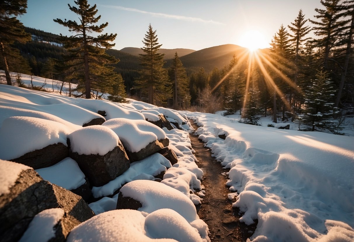 Snow-covered trails wind through Acadia's rocky terrain, bordered by evergreen trees and frozen lakes. The sun sets behind the mountains, casting a warm glow over the wintry landscape