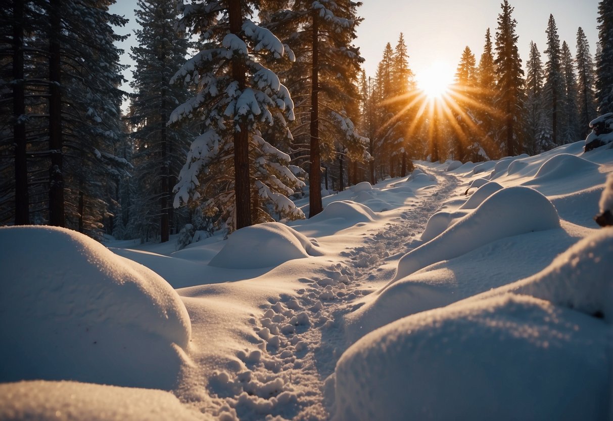 Snow-covered pine trees line the winding trail through Deschutes National Forest. A runner's footprints mark the fresh powder as the sun sets behind the mountains