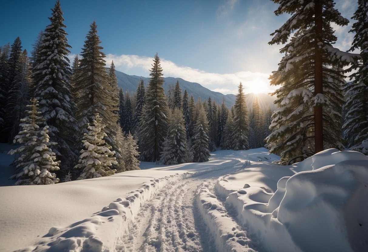 A snowy trail winds through a peaceful forest, with evergreen trees dusted in snow. The crisp winter air is invigorating, and the trail leads to a breathtaking view of snow-capped mountains in the distance