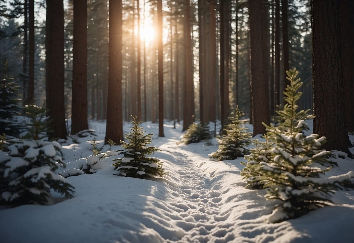 A snowy trail winds through a peaceful forest, with evergreen trees dusted in snow. The sun peeks through the clouds, casting a soft glow on the serene landscape