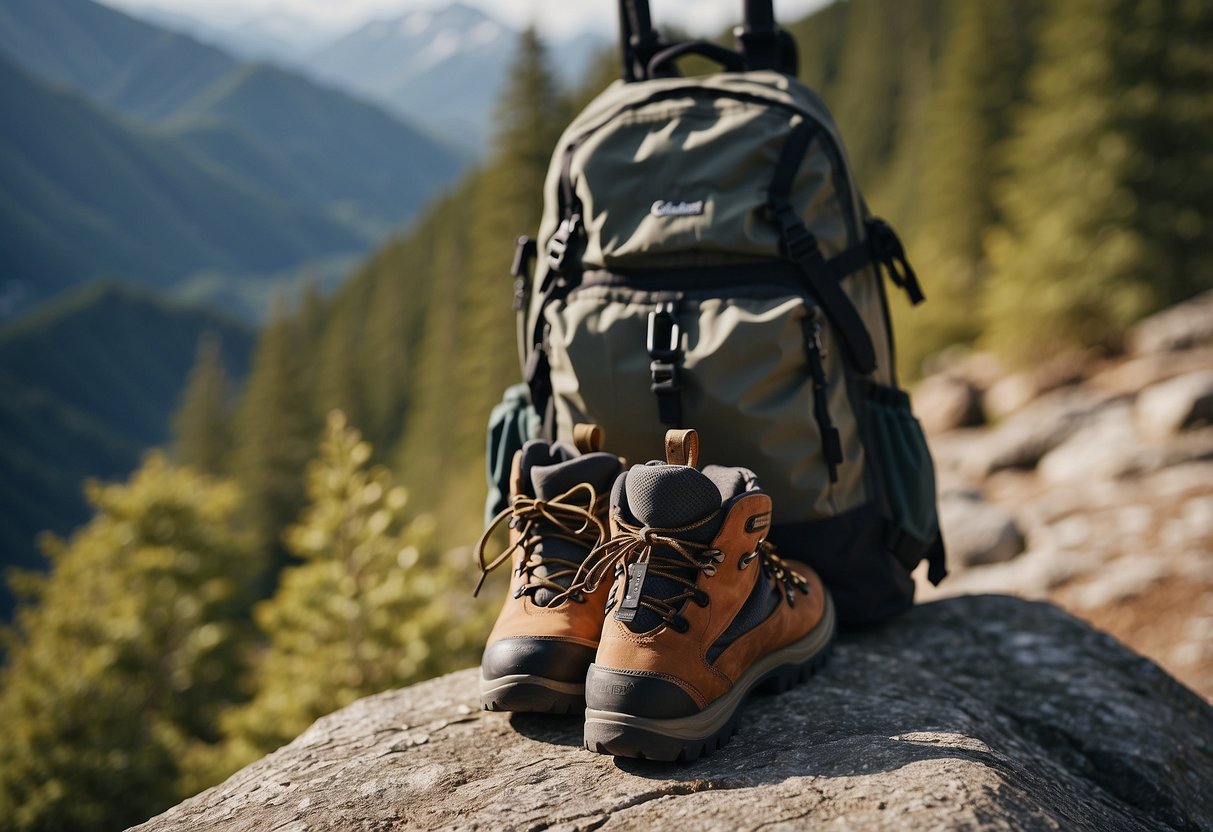 Hiking boots on a rocky trail, with a clear path ahead. A small backpack with water bottle and first aid kit. Trees and mountains in the background