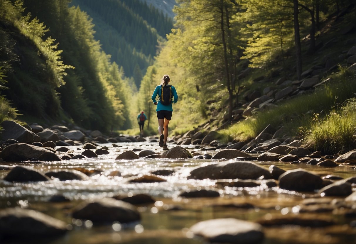 Trail runners pass by a glistening mountain stream, a tranquil lake, a babbling brook, a refreshing waterfall, and a natural spring bubbling from the earth