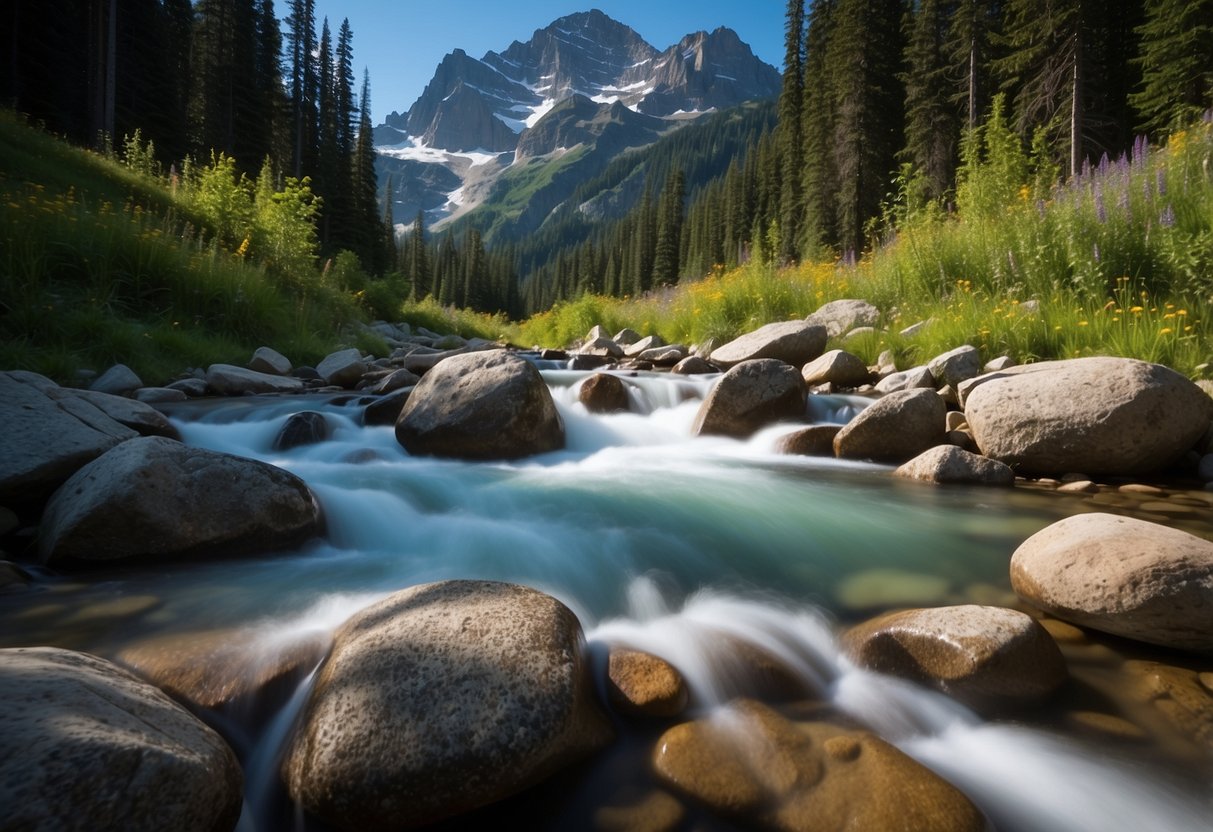 Crystal clear streams flow through lush green mountains, framed by towering peaks and vibrant wildflowers. Rushing water cascades over smooth rocks, creating refreshing pools for trail runners