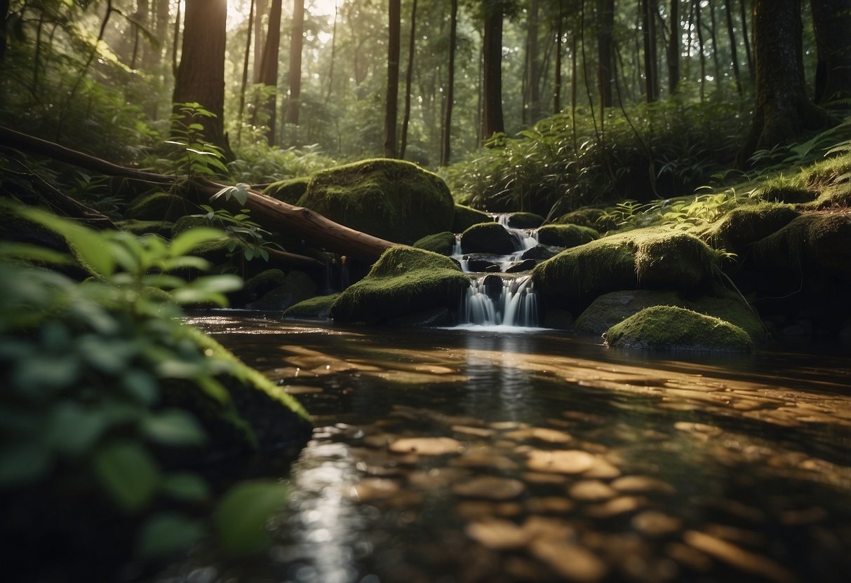 A trail winds through a lush forest, leading to a serene pond. Rainwater drips from leaves into a clear stream, while a small waterfall cascades into a natural pool