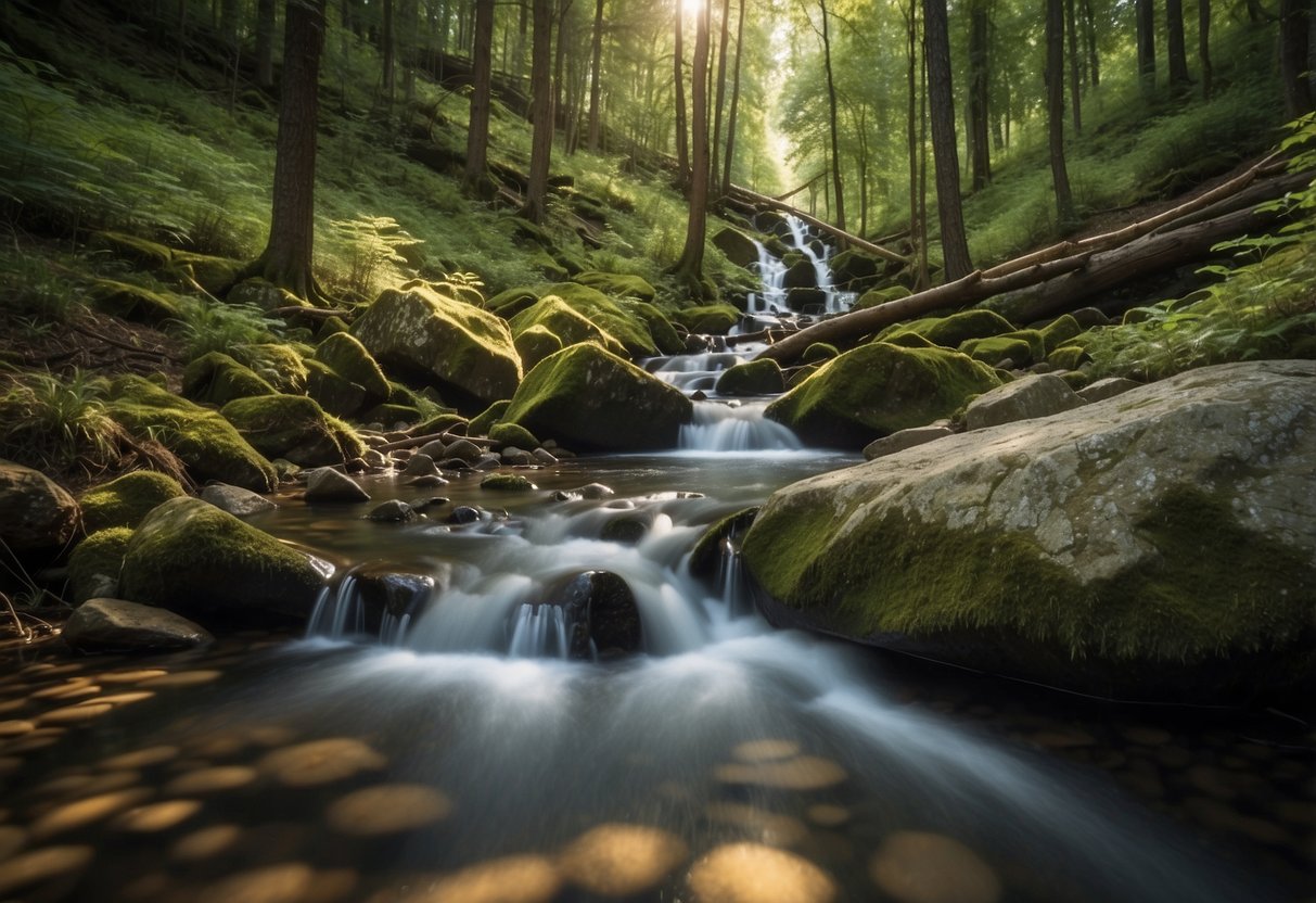 A trail winds through a forest, passing by a clear stream, a tranquil lake, a bubbling spring, a refreshing waterfall, and a natural well