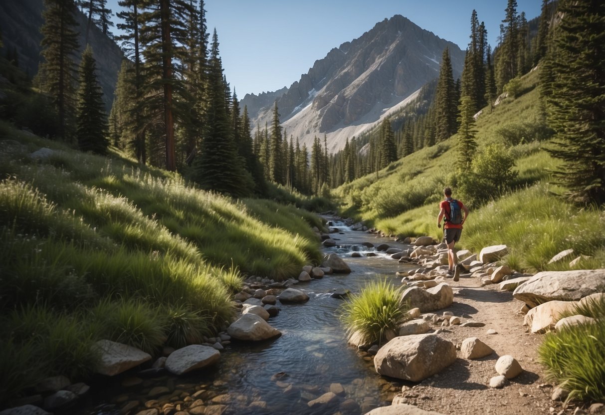 A trail runner approaches a clear mountain stream, surrounded by lush vegetation. Nearby, a pristine lake reflects the surrounding peaks. Another option is a bubbling spring, while a well-maintained water fountain is available at the trailhead