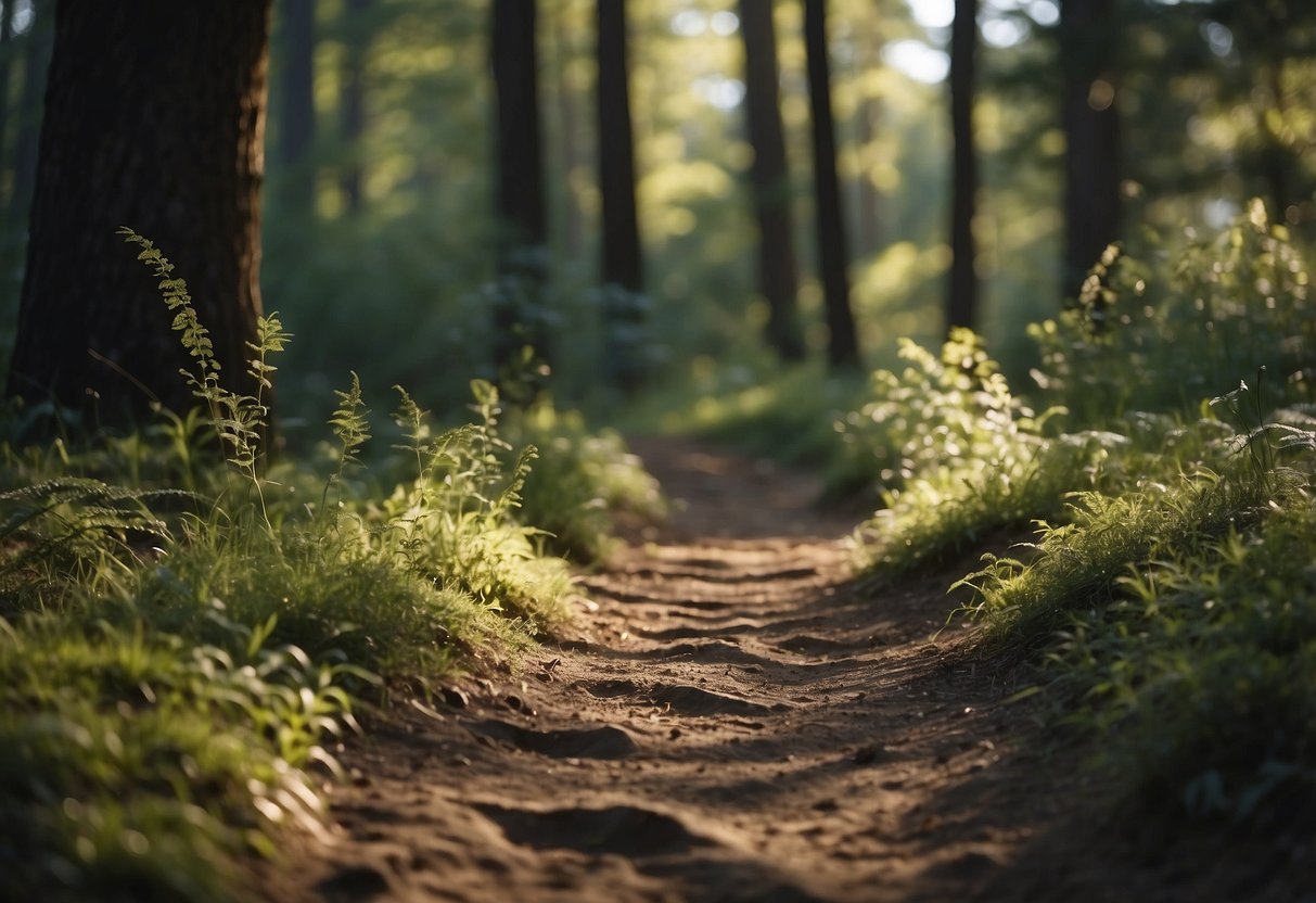 A trail winds through a forest, with a runner's footprints barely visible on the soft earth. Litter is absent, and the natural surroundings remain undisturbed