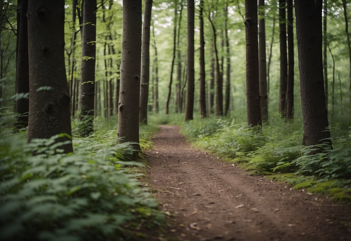 A trail winds through a forest, marked with signs. Litter-free, with no footprints off the path. Trees and wildlife surround the trail