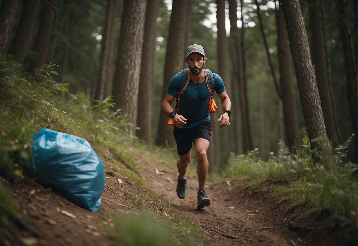 A trail runner places trash in a reusable bag. They pick up litter, avoiding damage to the environment