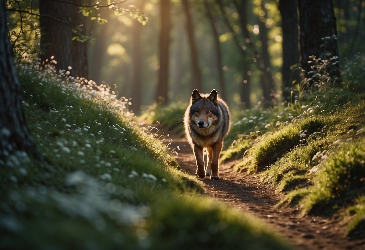 A trail winds through a peaceful forest, with animals grazing and birds chirping. A runner passes by, mindful of the wildlife, leaving no trace behind