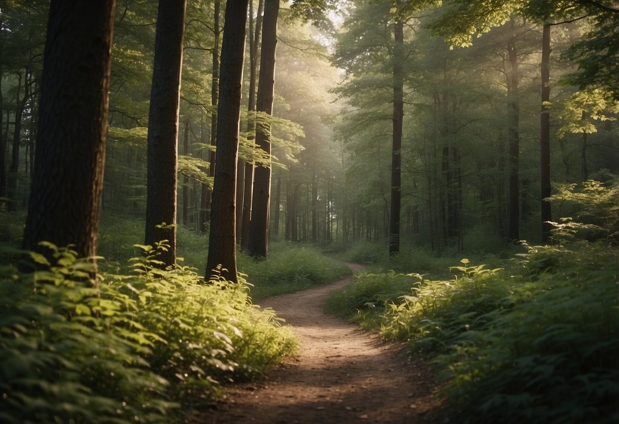 A serene forest trail with no litter, minimal footprints, and no audible noise, only the sounds of nature