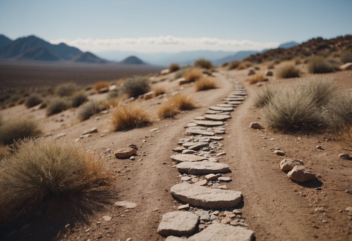 A trail winds through a dry, rocky landscape. Footprints stay on the designated path. No litter or damage is visible