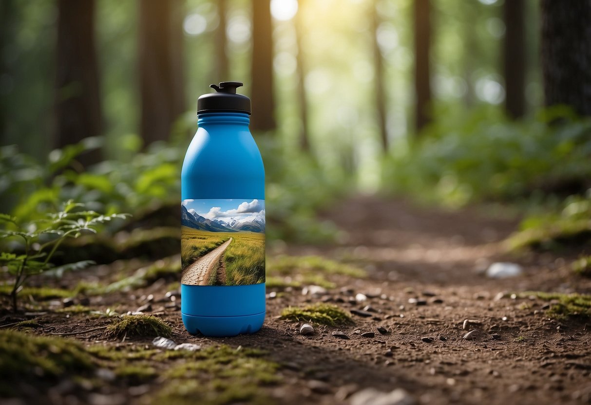 Trail with biodegradable products: reusable water bottle, compostable snack wrappers, eco-friendly sunscreen. No litter, only footprints