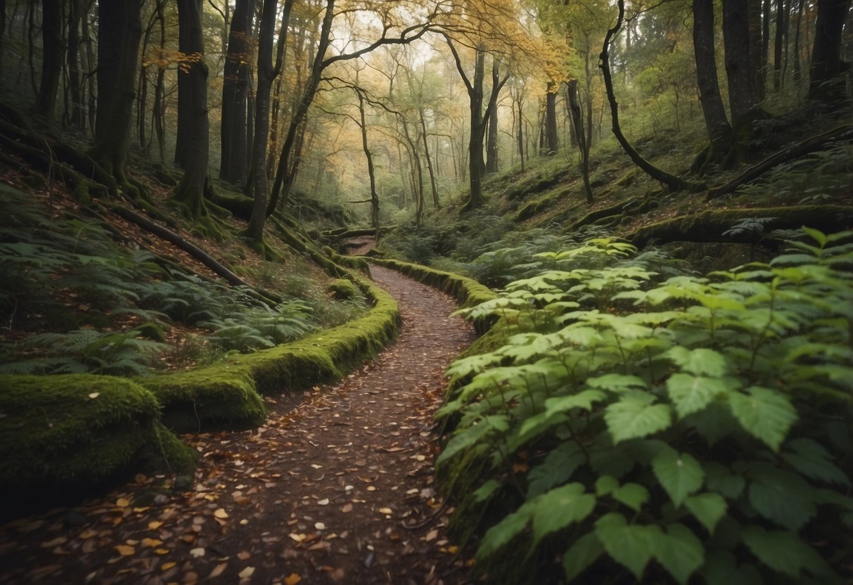 Trail running scene: A winding path through a lush forest, with fallen leaves and branches scattered on the ground. A clear stream runs alongside the trail, with no signs of human presence