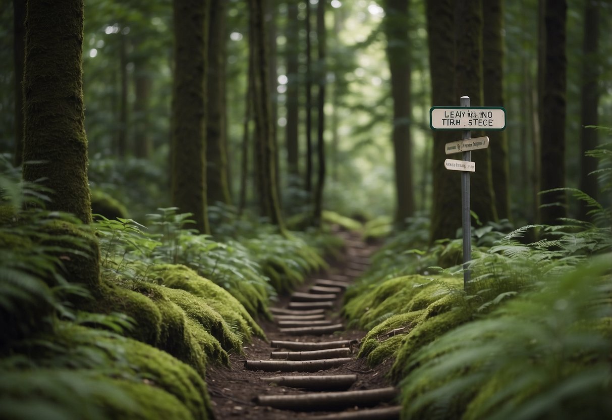 A trail winds through a lush forest, with a clear stream running alongside. A signpost displays "Leave No Trace" principles, as a runner passes by, mindful of their impact on the environment