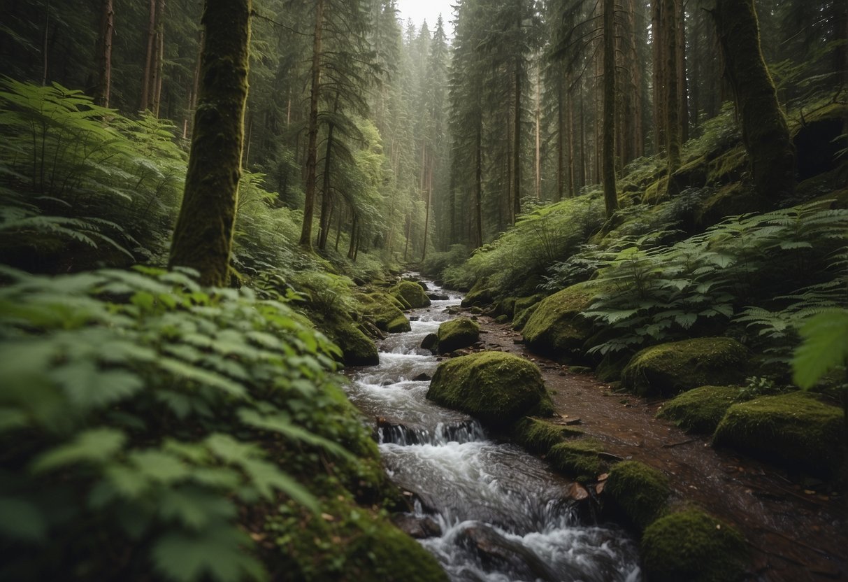 A trail winds through a lush forest, with minimal impact evident. Animals roam freely, and the sound of rushing water can be heard in the distance