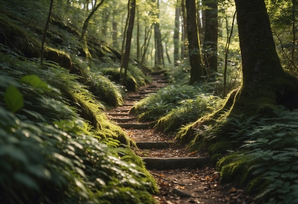 A trail winds through a lush forest, with a narrow path cutting through the underbrush. The ground is covered in fallen leaves and the occasional rock, with dappled sunlight filtering through the trees