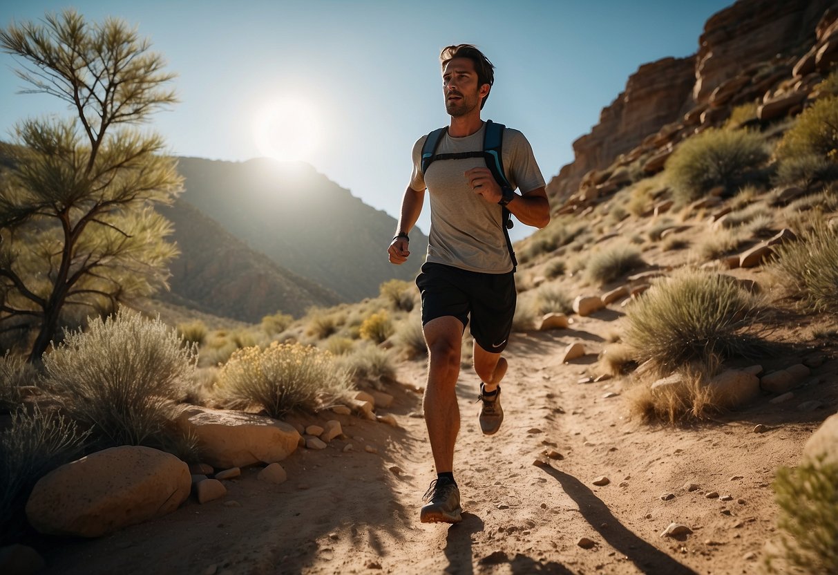 A trail winds through a dry, sun-drenched landscape. A runner navigates rocky terrain, carrying a hydration pack. The sun beats down, casting long shadows. Dust kicks up with each step