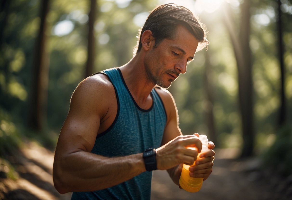 A trail runner applies sunscreen to their exposed skin before heading out for a run in the hot weather