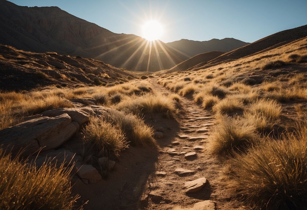 A trail winds through a sun-drenched landscape, with a clear blue sky above. The sun is either rising or setting, casting long shadows and warm, golden light over the rugged terrain