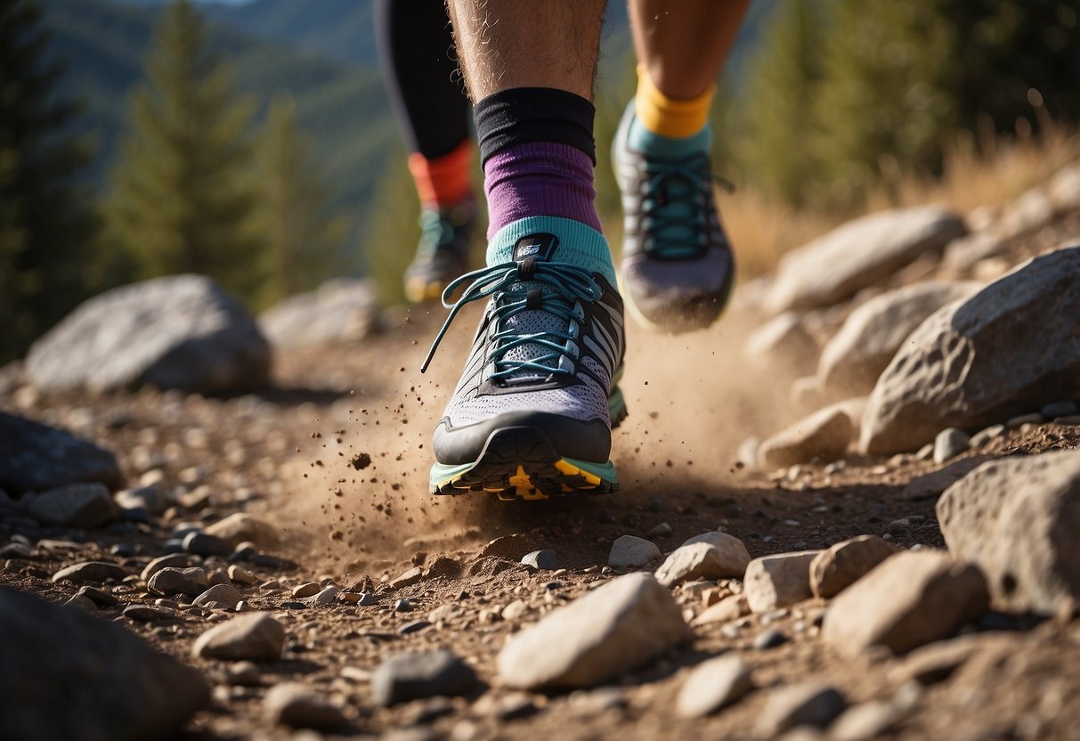 A trail runner's feet in motion, surrounded by dirt and rocks, with 5 different pairs of colorful, high-performance socks laid out nearby