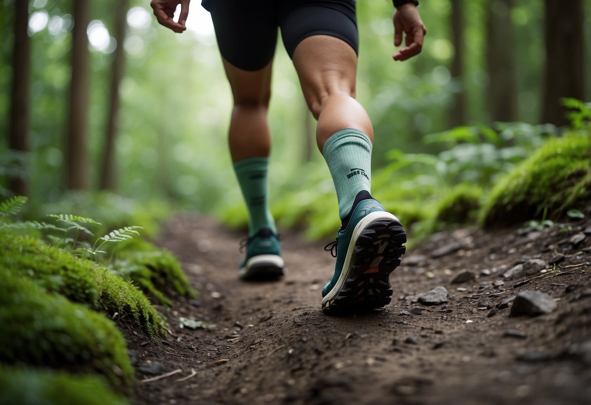 Lush green forest trail with rocky terrain, a runner's feet clad in Balega Blister Resist Quarter socks cruising effortlessly through the challenging terrain