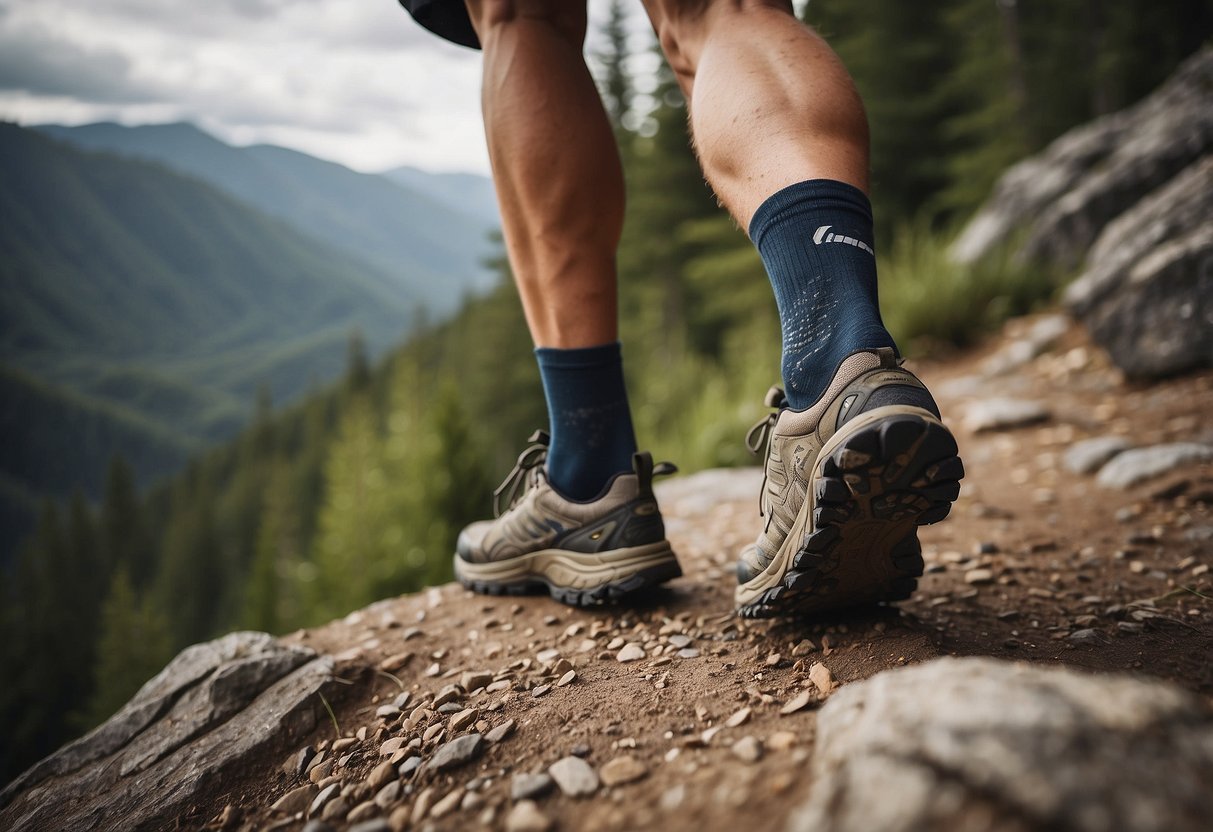 Scene: A rugged trail with varying terrain, including rocky paths and muddy sections. A pair of trail running socks are shown in the foreground, with trees and mountains in the background