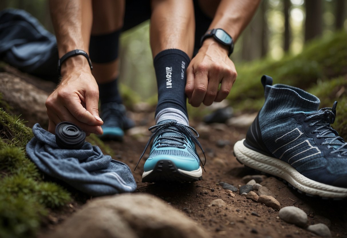 A trail runner sits surrounded by various types of socks, examining their features and materials. Five top-rated socks are displayed nearby