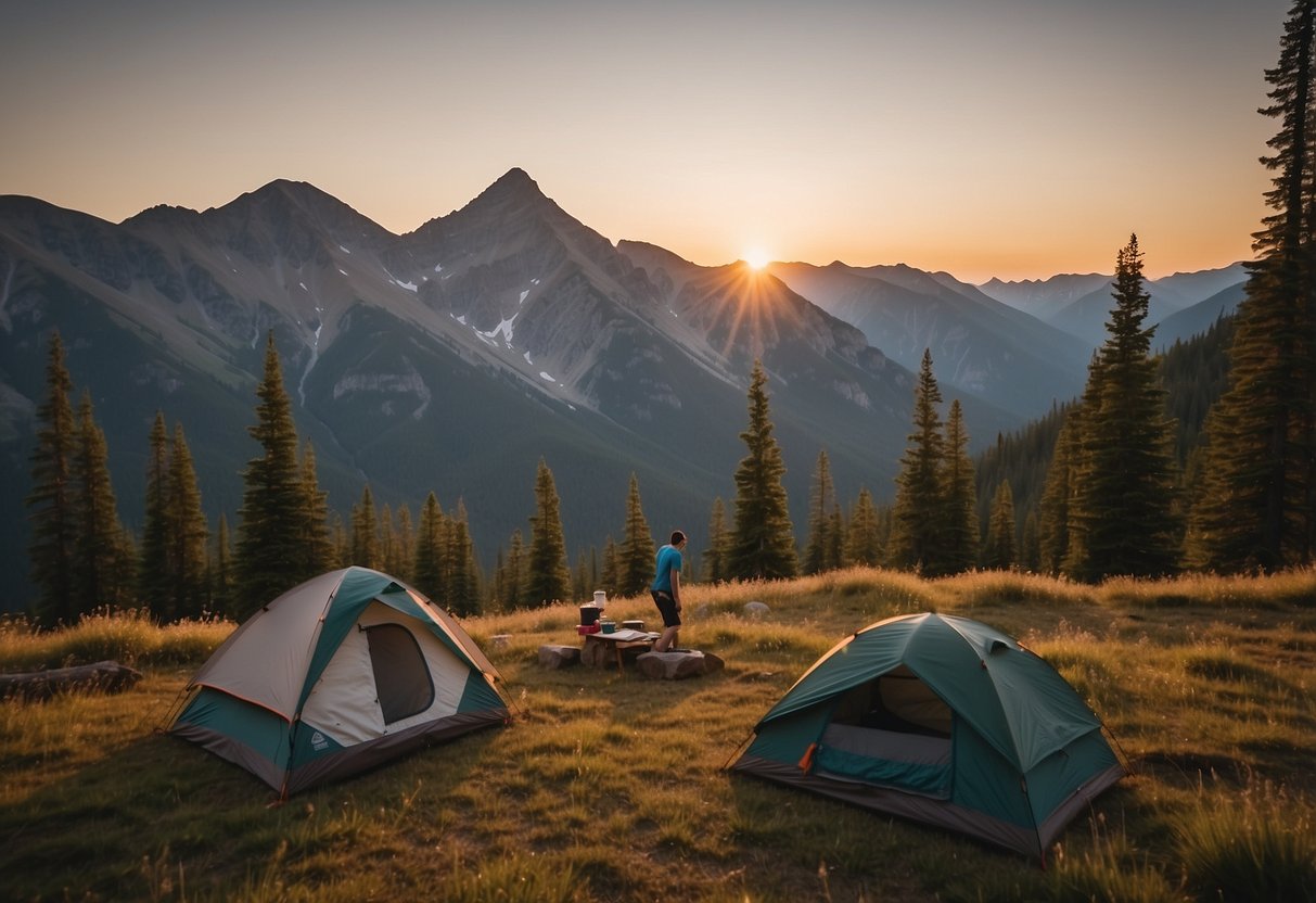 Trail runners setting up tents in scenic campsites, surrounded by lush forests and towering mountains. A campfire burns in the center as the sun sets behind the peaks