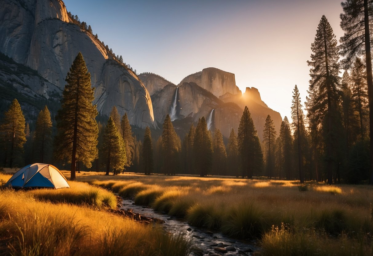 Sunset over Yosemite Valley, with towering cliffs and lush forests, as trail runners set up camp by a glistening river