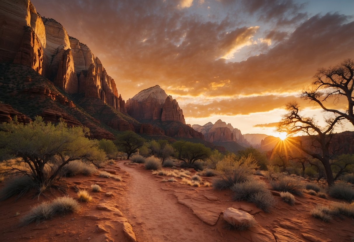 Sunset at Zion National Park, red rock formations surround 10 campsites. Trail runners explore the rugged terrain